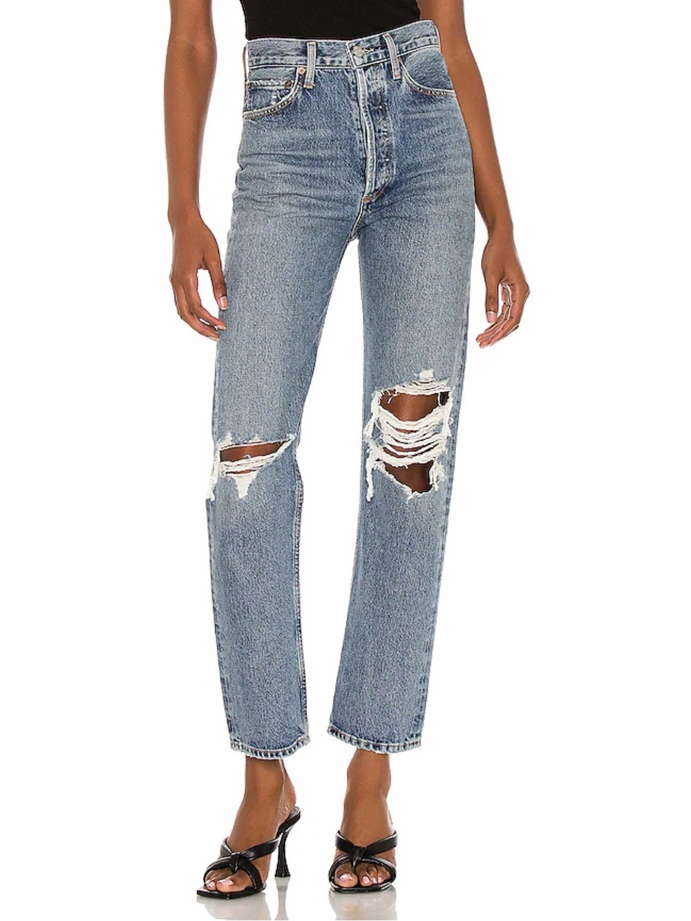 Agolde High-Rise Distressed Straight Jeans - Light Blue